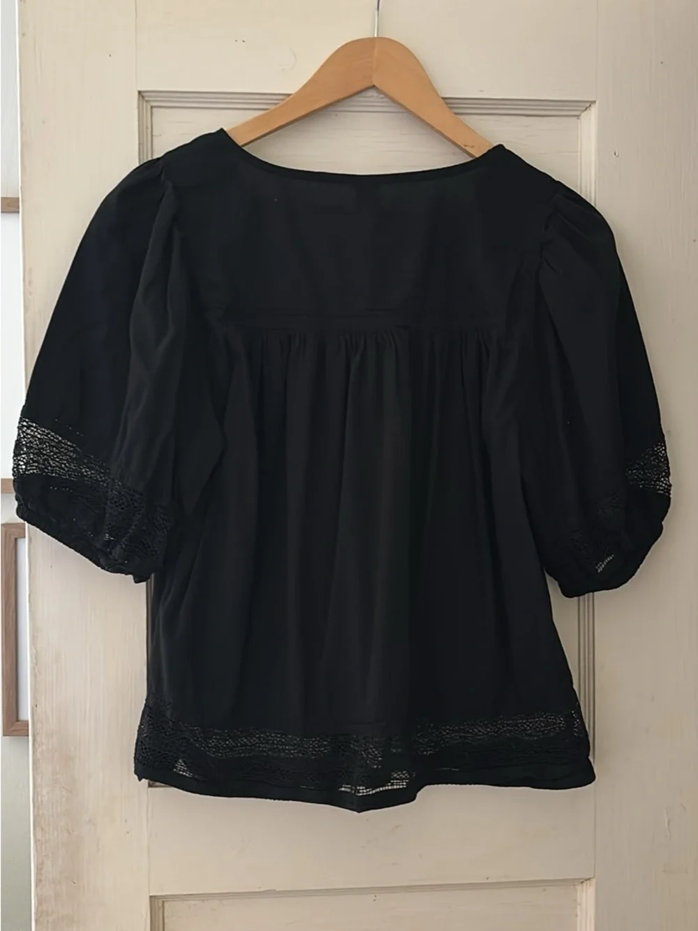 Romantic Black Button-Down Women’s Top with Crochet Trim, Puff Sleeve Blouse
